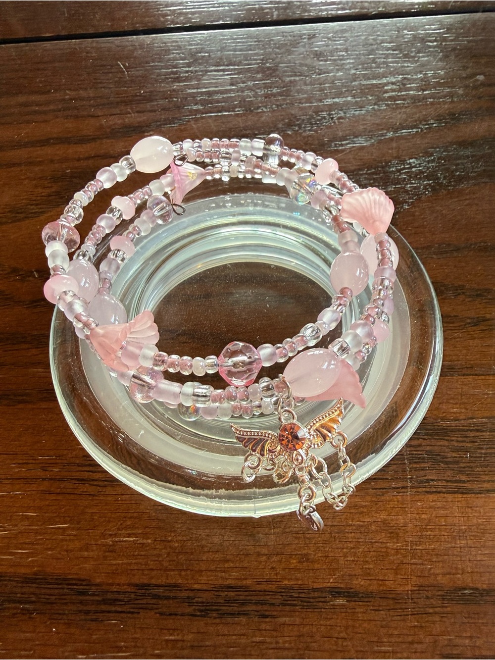 Handcrafted Pink Beaded Wrap Bracelet with Angel Wing Charm
